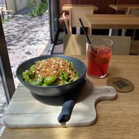 The hearty pasta bowl topped with crispy onions was very filling!  at Veganika in Ljubljana
