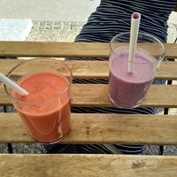 Pink smoothie (left) and Blueberry smoothie (right) at Veganika in Ljubljana