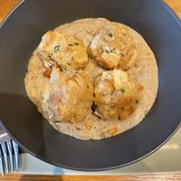 Bread dumplings in mushroom sauce  at Veganika in Ljubljana