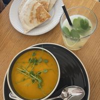 Pumpkin soup of the day with homemade pita bread   at Veganika in Ljubljana