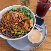 Soba bowl and homemade iced tea at Veganika in Ljubljana