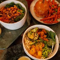 Soba 103 (the peanut one), Udon (the mango and miso one), Tempeh burger with Zlatko (the fried sweet potatos with vegan mayo). at Veganika in Ljubljana