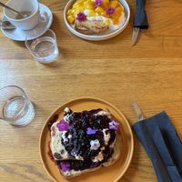french toast, one with mango and on with blueberry  at Veganika in Ljubljana