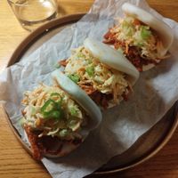 Juicy Marbles pulled ribs bao buns with coleslaw at Veganika in Ljubljana