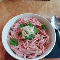 Spaghetti with Alfredo sauce and homemade ricotta. at Veganika in Ljubljana