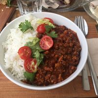Chili sin carne with basmati rice at Veganika in Ljubljana