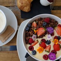 Latte and granola at Veganika in Ljubljana
