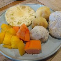 Breakfast buffet. Fried Pinaple, mango, 2 types of vegan pao de queijo. at Tita Bistro in Rio De Janeiro