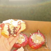 Vegan raspberry + rhubarb 24-hour yeast raised donut layered with crushed sugar cookie streusal, raspberry rhubarb jam, raspberry glaze, and dollops of raspberry vegan buttacream,  at The Salty Donut in Miami