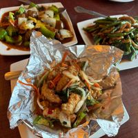 Basil Tempura (front), Dry String Beans, Vegan Ribs at Garden Fresh in Mountain View