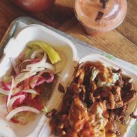 Kebab with fries and salad on the side. Fresh juice   at Vegan Munch in Birmingham