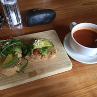 A avocado-sandwich lunch, with tomato soup at Badhotel in Rockanje
