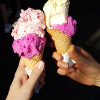 2 cones with 2 flavors of sorbet at Gelatissimo in Sydney