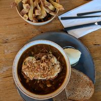 French Onion Soup with "Goats Cheese" and chips at Stereo in Glasgow