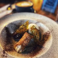 Lemon cannoli with pistachio caramel, chocolate and vanilla ice cream. at Stereo in Glasgow