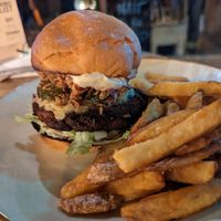 Stereo Seitan Burger with skin-on fries at Stereo in Glasgow