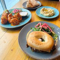 Hummus plate, buffalo cauliflower, carrot lox bagel  at Stereo in Glasgow