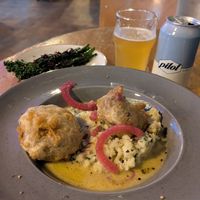 Vegan haggis bonbons with mash and side of  broccoli at Stereo in Glasgow