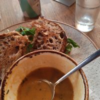Red Thai soup and Reuben sandwich. Soup is half finished. at Stereo in Glasgow