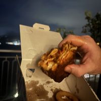 Sorry blurry photo of the fried lasagna and onion rings  at Frankie's in Sorrento