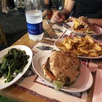 two vegan burgers (beyond meat) with dippers and broccoli. it was absolutely delicious. at Frankie's in Sorrento