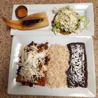 Vegan Tamale (top left), vegan Soap (top right), vegan enchiladas with red sauce (bottom left) at The Corner in Grandview