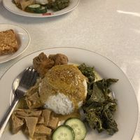 Rendang set ( with jackfruit and faux chicken) . Got some tempeh on the side.   at Padang Vegan Damai in Yogyakarta