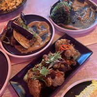 Corn, tenderstem broccoli, aubergine peanut butter, Buddha fries   at Viet Shack in Manchester