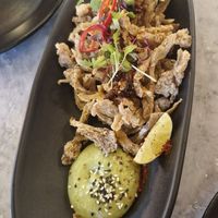 Vegan Muc Chien: Crispy oyster mushrooms, 7 spices, fresh chillies, spicy lime puree, chilli oil at Viet Shack in Manchester