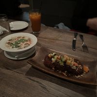 Tod mon puk, tom kha tofu, thai iced tea with almond milk  at Chatayee Thai in Philadelphia