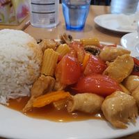 Rice with Tomato chicken (lunch special) at Tian Ci Vegan in Darlington