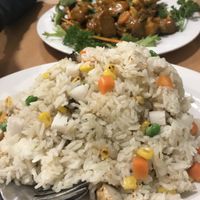 Rendang curry and seafood fried rice at Tian Ci Vegan in Darlington