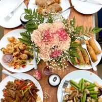 takeout spread at our back yard at Golden Lotus Vegan Restaurant in Oakland