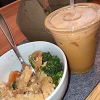 ginger soy chicken and thai iced tea  at Golden Lotus Vegan Restaurant in Oakland