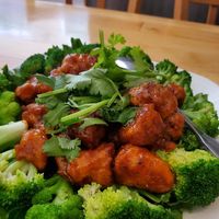 Ginger sesame "chicken" with steamed broccoli at Golden Lotus Vegan Restaurant in Oakland