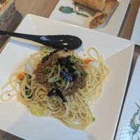 Soupless DanDan noodles with beautiful veggies!! And the yummiest crispy spring rolls!! at M's Table in Yokohama