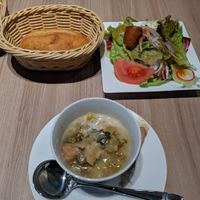 bread, salad, soup (all delicious) that comes with the katsu curry at M's Table in Yokohama