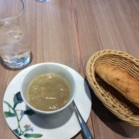 Even the simple onion and celery soup was delicious. Vegan mini baguette. at M's Table in Yokohama