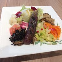Beautiful and delightful salad with many flavors. The smoked eggplant in the center was excellent. at M's Table in Yokohama