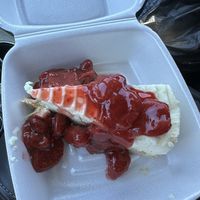Vegan cheesecake with cherry and strawberry 🍓 topping… 😻   at Blondie's in Flint