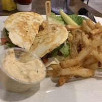 Vegan quesadilla burger with fries at Blondie's in Flint