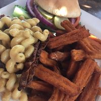 Ultimate Mac & Cheese Burger with sweet potato fries  at Blondie's in Flint