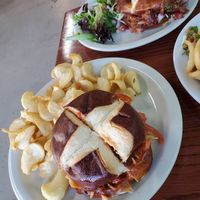 BBQ burger and burger with chili sauce at Juuuicy's Vegan Restaurant & Mama's Vegan Cocina in West Palm Beach