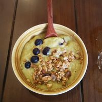 Green smoothie bowl made with soy milk at Hanoi Coffee Station in Hanoi