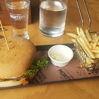 Vegan burger with shoestring fries at Monteiths in Greymouth