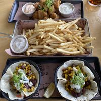 From top: fried cauliflower (really yum), shoestring fries with vegan aioli, veganised corn tacos   at Monteiths in Greymouth