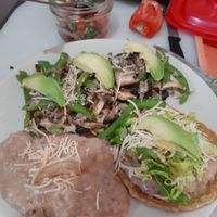 Desayuno honguito, alambre de hongos con pimientos y cebolla, acompañado de un sope sencillo y frijolitos. Breakfast mushrooms.  at Panza Llena Corazón Contento in San Jose Del Cabo
