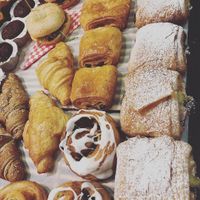 A variety of vegan pastry’s! Delicious croissants, with chocolate, raisins, pudding, ... at Croissy in Deinze