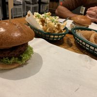 Surf and Turf Burger. Garlic Fries. Onion Rings. The Hot burger. Biscoff Milkshake and Peanut Butter milkshake👍🏻👍🏻👍🏻 at Kibae (Formerly Plant Hustler) in Poole