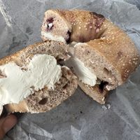 Toasted blueberry bagel with plain Tofutti cream cheese  at Lenny's Bagels in Pelham